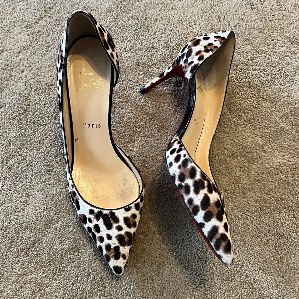 Christian Louboutin Leopard Print Pointed Toe Pumps with Red Soles